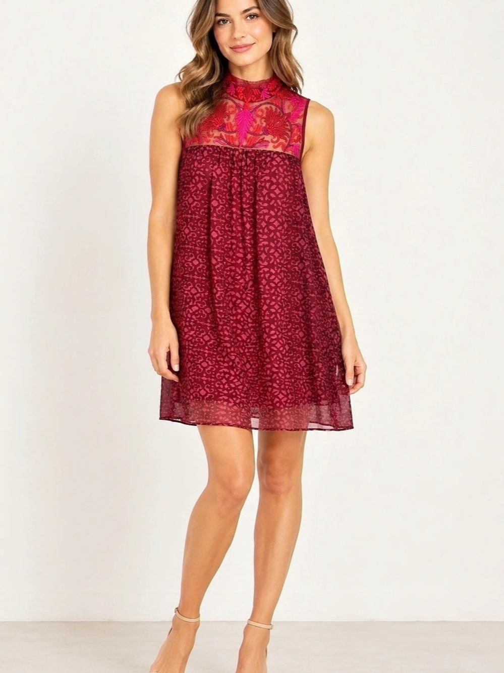 Niki Tlahayan Burgundy Embroidered Mesh Yoke Dress Size 4